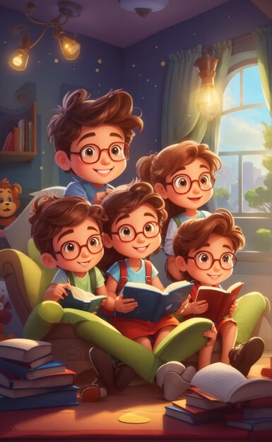 Illustration of a happy family reading a book in 3D art style 13