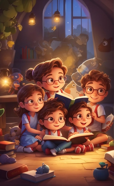 Иллюстрация счастливой семьи, читающей книгу в стиле 3D-искусства