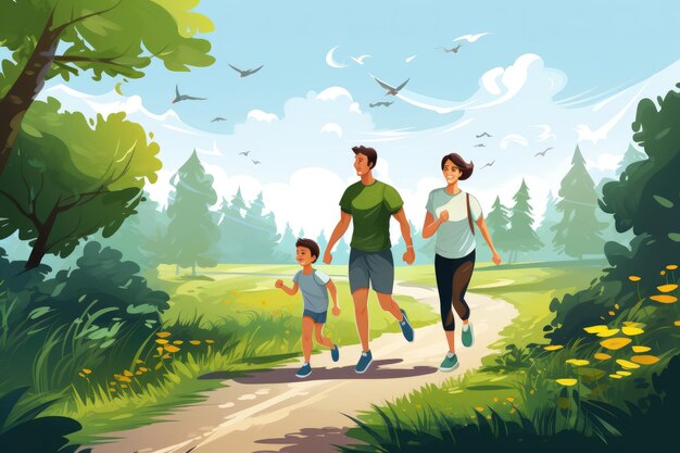 Photo illustration of a happy family on summer walk