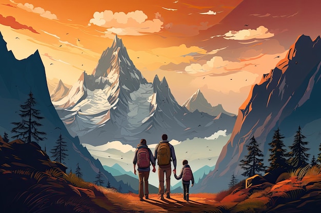 Illustration of a Happy Family Walking amidst Majestic Peaks