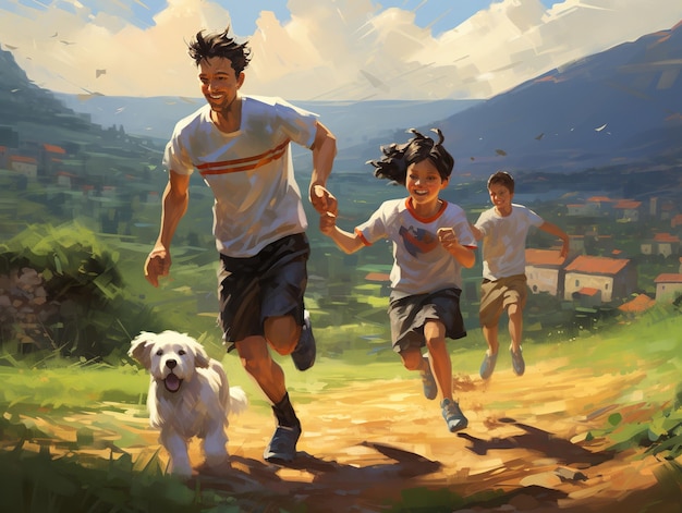 illustration of Happy father helping his little son walking