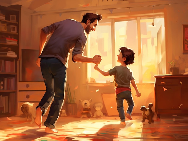 иллюстрация счастливого отца, помогающего своему маленькому сыну ходить