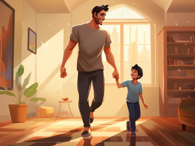 幸せな父親が小さな息子の歩き方を手伝っているイラスト