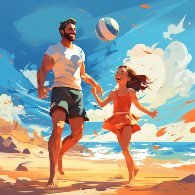 Illustration of a happy girl playing volleyball with her father