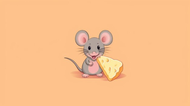 Illustration of Happy Gray Mouse with Cheese on Solid 4xjpg