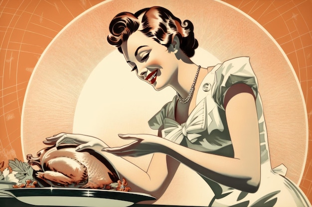 Illustration of a happy housewife smiles while preparing a Thanksgiving or Easter turkey in a vintage retro illustration Generative AI