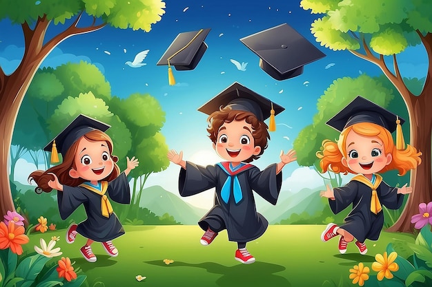 Foto illustrazione di bambini felici che festeggiano la laurea con lo sfondo della natura