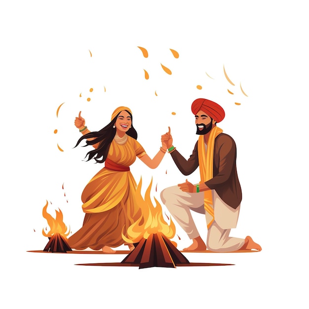 Illustration of happy lohri festival with bonfire couple dance on white background ai generated