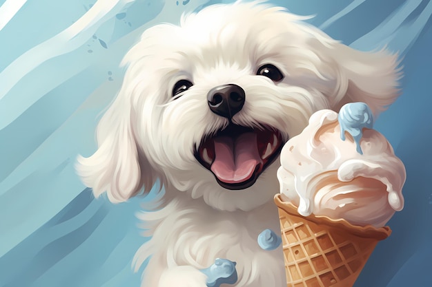 Illustration of happy maltese dog having ice cream