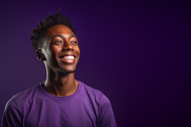 illustration of a happy man dressed in purple t shirt is smiling against a background