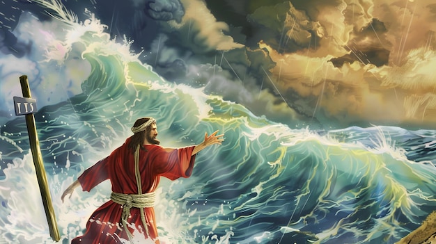 Illustration of happy Moses parting the red sea in the biblical story