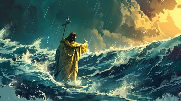 Illustration of happy Moses parting the red sea in the biblical story