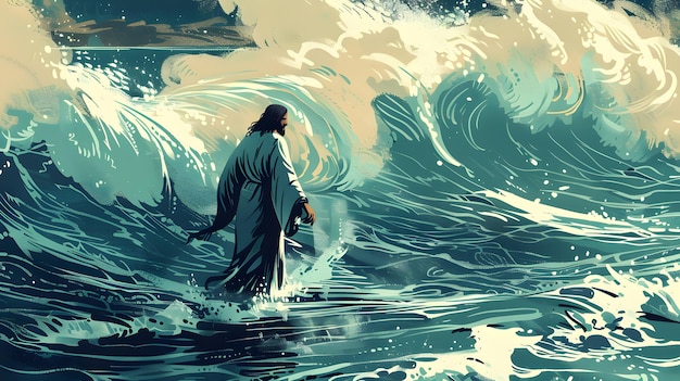 Illustration of happy Moses parting the red sea in the biblical story