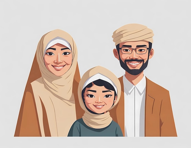 Illustration of happy Moslem family