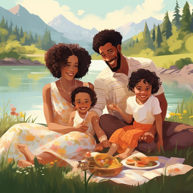 illustration of a happy multiracial family with their children playi