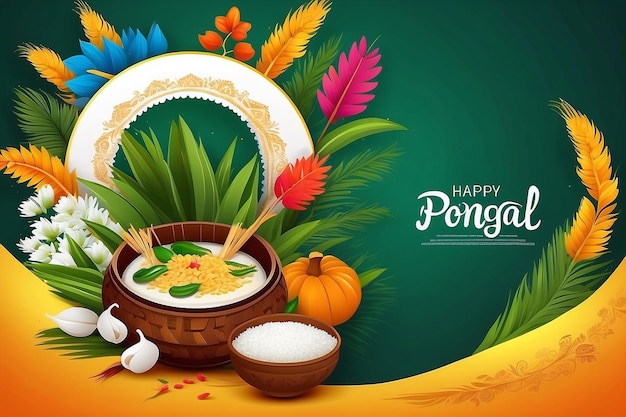 Photo illustration of happy pongal holiday harvest festival of tamil nadu south india greeting background