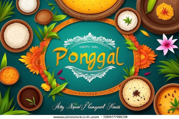 Photo illustration of happy pongal holiday harvest festival of tamil nadu south india greeting background