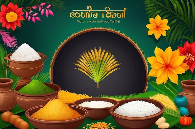 Photo illustration of happy pongal holiday harvest festival of tamil nadu south india greeting background