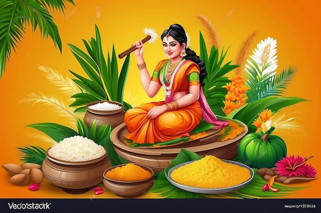 Photo illustration of happy pongal holiday harvest festival of tamil nadu south india greeting background