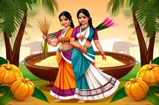 Photo illustration of happy pongal holiday harvest festival of tamil nadu south india greeting background