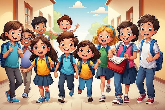 Foto illustrazione del cartone animato happy school kids