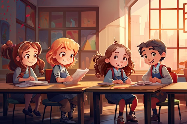 illustration of happy schoolchildren in the classroom