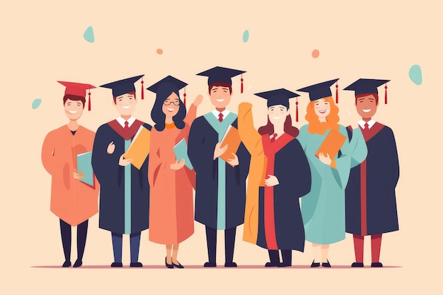 Illustration of happy students in graduation hats vector AI generated