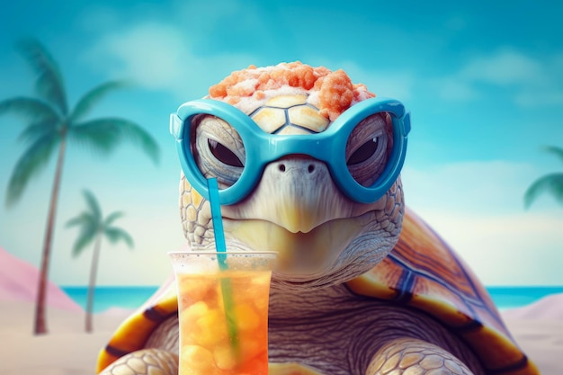 浜辺でカクテルを飲むサングラスを着た幸せなカメのイラスト 夏休み