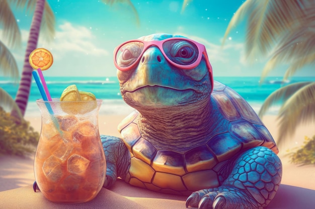 Illustration of happy turtle in sunglasses with cocktail on the beach Summer vacation Generativ AI