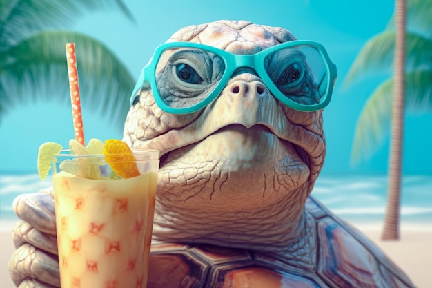 浜辺でカクテルを飲むサングラスを着た幸せなカメのイラスト 夏休み ジェネレーティブAI