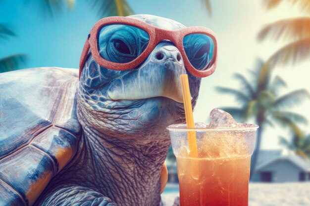 Illustration of happy turtle in sunglasses with cocktail on the beach Summer vacation Generativ AI