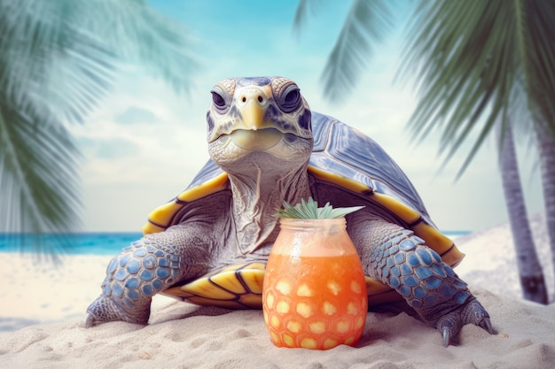 Illustration of happy turtle with cocktail lying on the beach Summer vacation Generativ AI