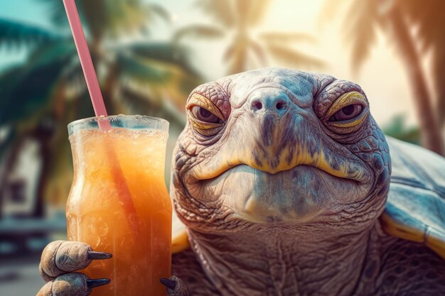 Illustration of happy turtle with cocktail lying on the beach Summer vacation Generativ AI