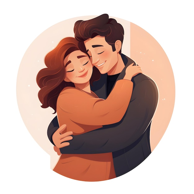 Иллюстрация счастливой молодой пары, обнимающейся.