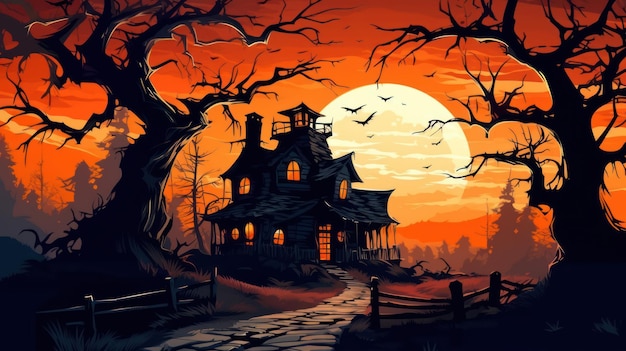 Illustration of a haunted house in shades of dark orange Halloween fear horror