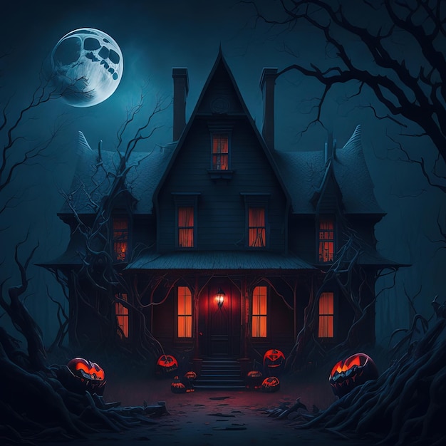 Illustration of a haunted house with pumpkins on the front and the moon in the background