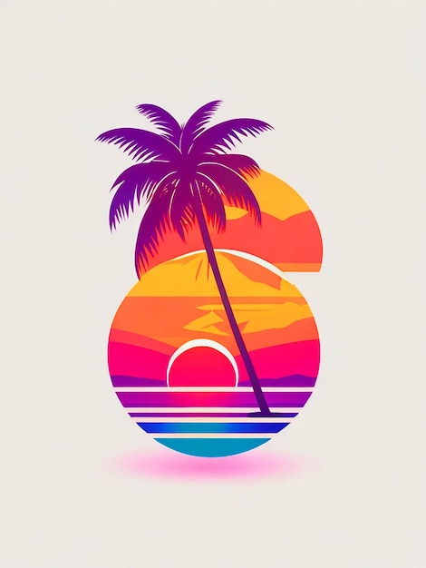 illustration Hawaiian Sunset with palm trees white solid background drop shadow vibrant colors t