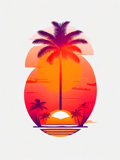 Photo illustration hawaiian sunset with palm trees white solid background drop shadow vibrant colors t