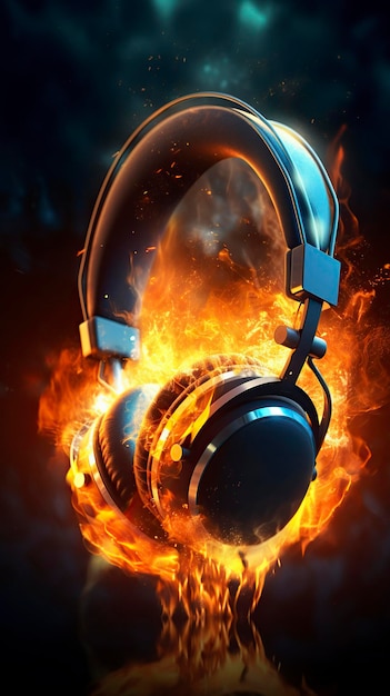 illustration headphones on fire music concept