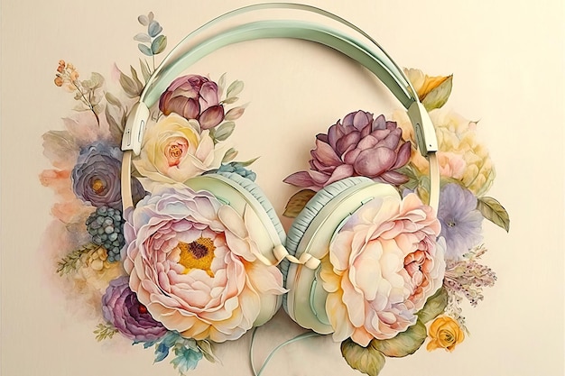 Illustration of headphones with flowers and plants