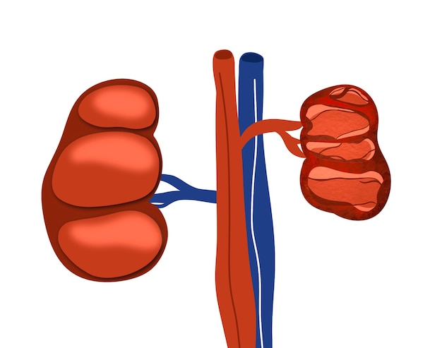 Illustration of healthy and diseased kidneys on white background