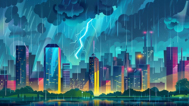 Photo an illustration of heavy rain in a modern city modern cartoon illustration of pouring rain and lightning bolts in clouds above skyscrapers highrise apartment buildings gloomy urban landscape