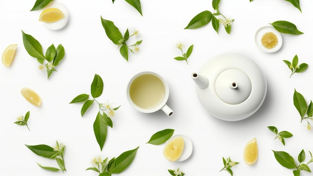 illustration of herbal tea concept with white tea cups teapot white background