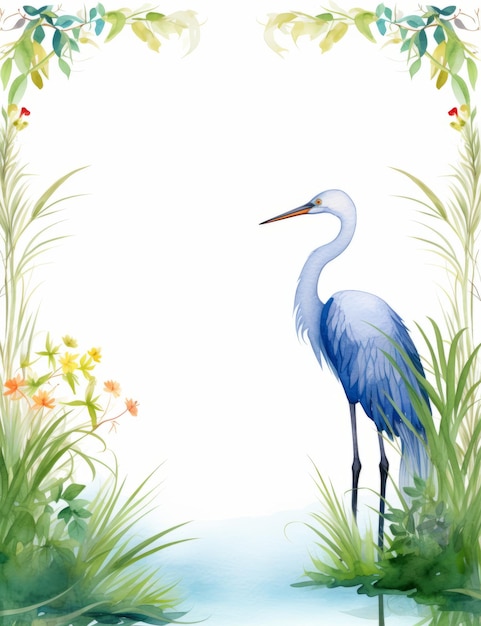 Illustration of a heron on a background of green grass