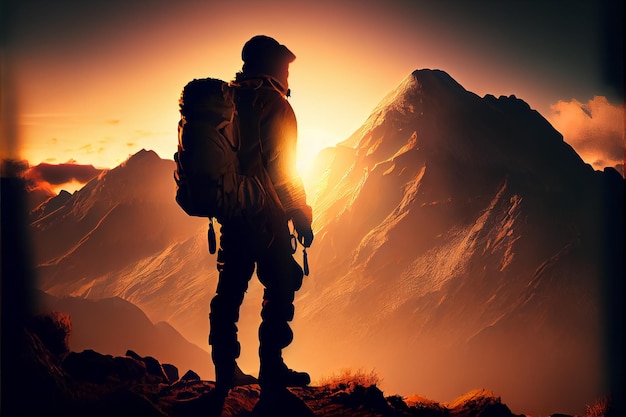 Photo illustration of hiker with backpak on top of mountain looking at sunset ai