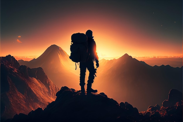 Иллюстрация туриста с рюкзаком на вершине горы, смотрящего на закат AI