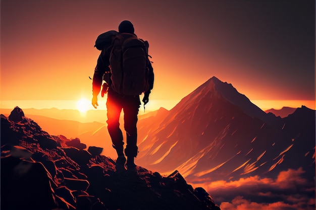 Photo illustration of hiker with backpak on top of mountain looking at sunset ai