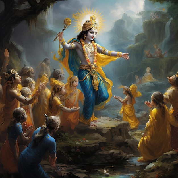 Photo illustration of hindu god krishna blue in colour as a little boy wea