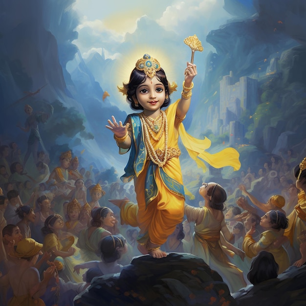 illustration of Hindu God Krishna blue in colour as a little boy wea