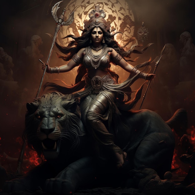 illustration of hindu goddess durga riding lion dark background